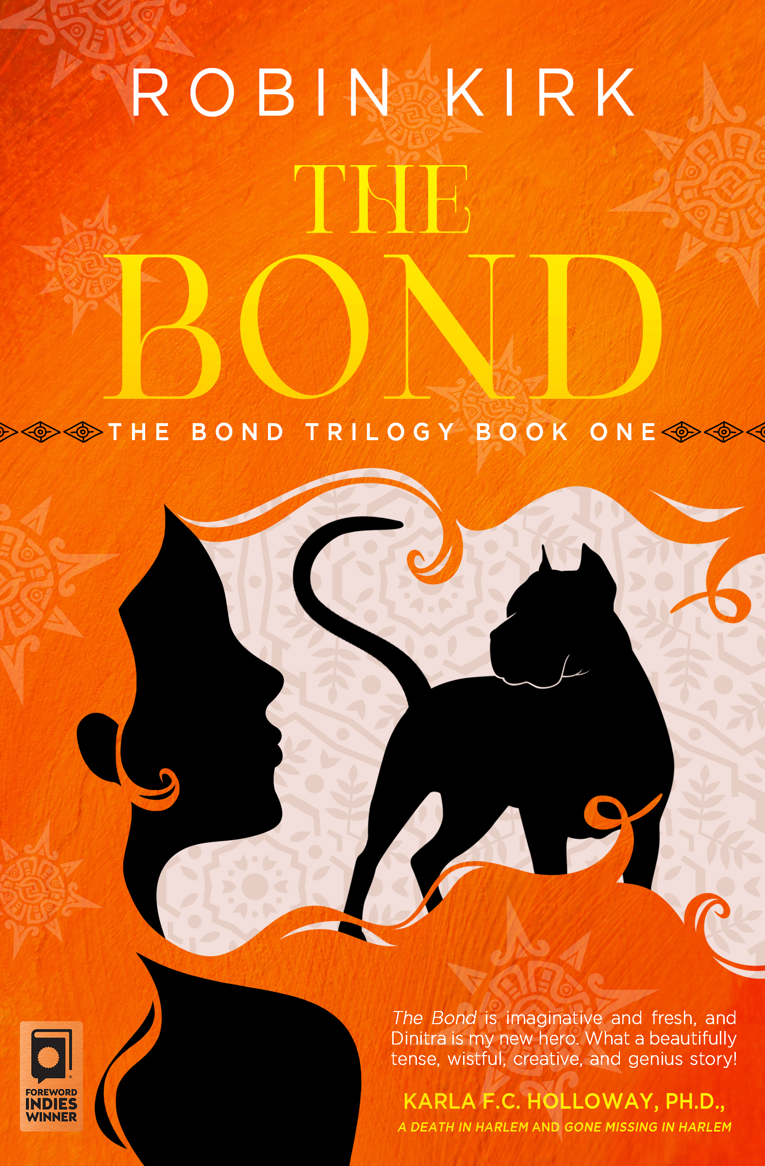 A bright orange book cover with the black silhouette of a female and a large dog